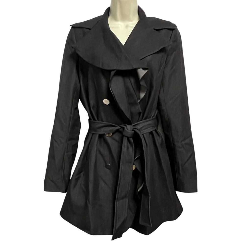 Tahari Trench Coat Womens Medium ? Dark Gray Ruffle Front Belted Button Up Twill